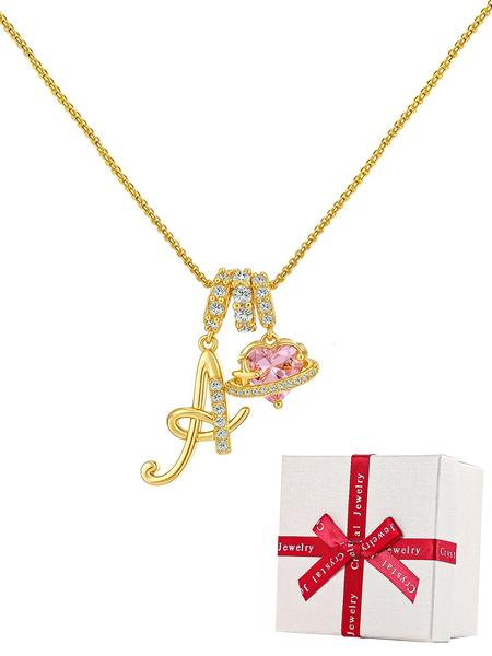 Initial Letter Heart CZ Birthstone Necklace With Rose Jewelry Gift Box, 18K Gold Plated Alphabet Pendant Necklace for Women, Birthday Christmas Jewelry Gift for Women Girl Wife Daughter Love Necklace