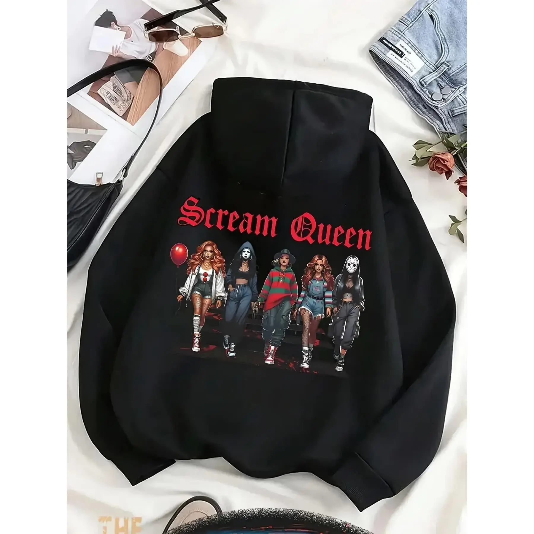 Hoodie with Screaming Queen Slogan and Dark Thriller Pattern Printed Long Sleeved Black Hoodie Hooded Sweatshirt Pullover Kangaroo Pocket Suitable for Daily Outdoor Leisure at Home MachineMachine Washable Sporty Hoodie