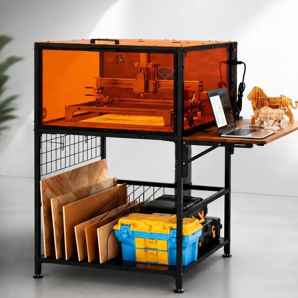 Black Tech-Integrated Laser Engraver Enclosure Cabinet with 6000RPM Fan, Folding Side Panels, Metal Frame, MDF Body, Eye Protection Panels, Storage Rack, Cable Management, Power Strip, Compartment Organiser, Home Office Shelving & Storage for Workshop Use