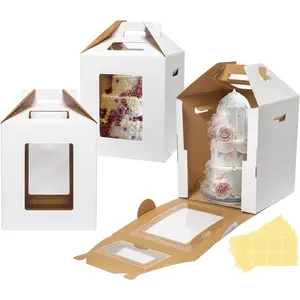 Sturdy Thick 3-Pack 12x12x14 in Disposable Tall Cake Boxes, Tier Cake Baking Carrier with Window & Handle, Large Bakery Take-Out Transport Containers for Wedding, Birthday