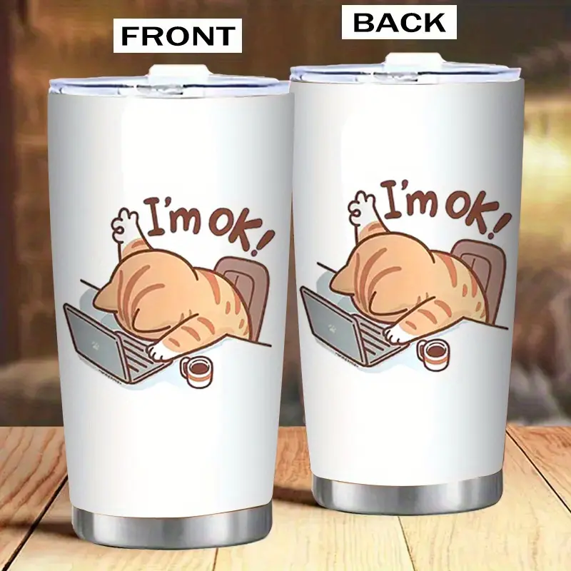 20oz Stainless Steel Insulated Portable Tumbler - Travel Coffee Cup, Cute Cat-Themed Design with "I'm Fine" Print, Vacuum Flask for Hot/Cold Drinks, Durable Kitchenware Gift for Cat Lovers