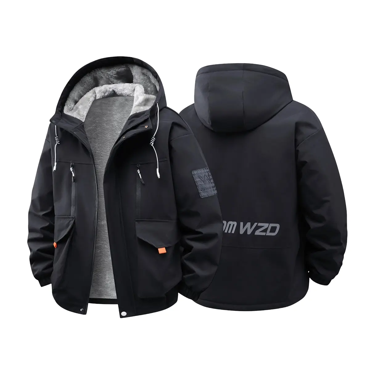 Warm & Cozy Winter Men's Plush-Lined Hooded Polyester Fleece Jacket - Long-Sleeve Workwear Style Top with Thick Windproof Fabric, Multi-Zipper Pockets, Adjustable Drawstring for Cold Weather Workwear & Casual Streetwear, Warm & Cozy Men's Fleece Jackets,