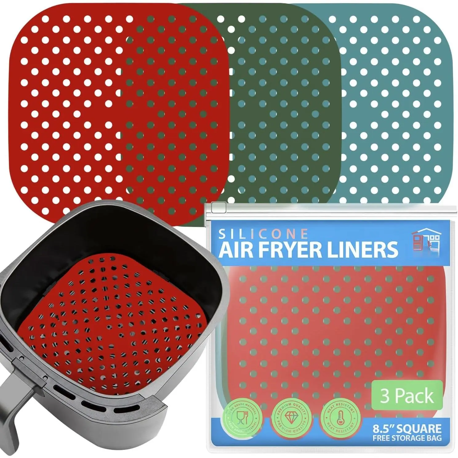 Linda’s 8.5x8.5 in Synthetic Perforated Mesh Square Air Fryer Liners (3 Pack) - Heat-Resistant, Non-Stick Kitchen Appliance Parts, Easy-Clean Accessories with Cheat Sheet & Recipe Book for Quick Meals