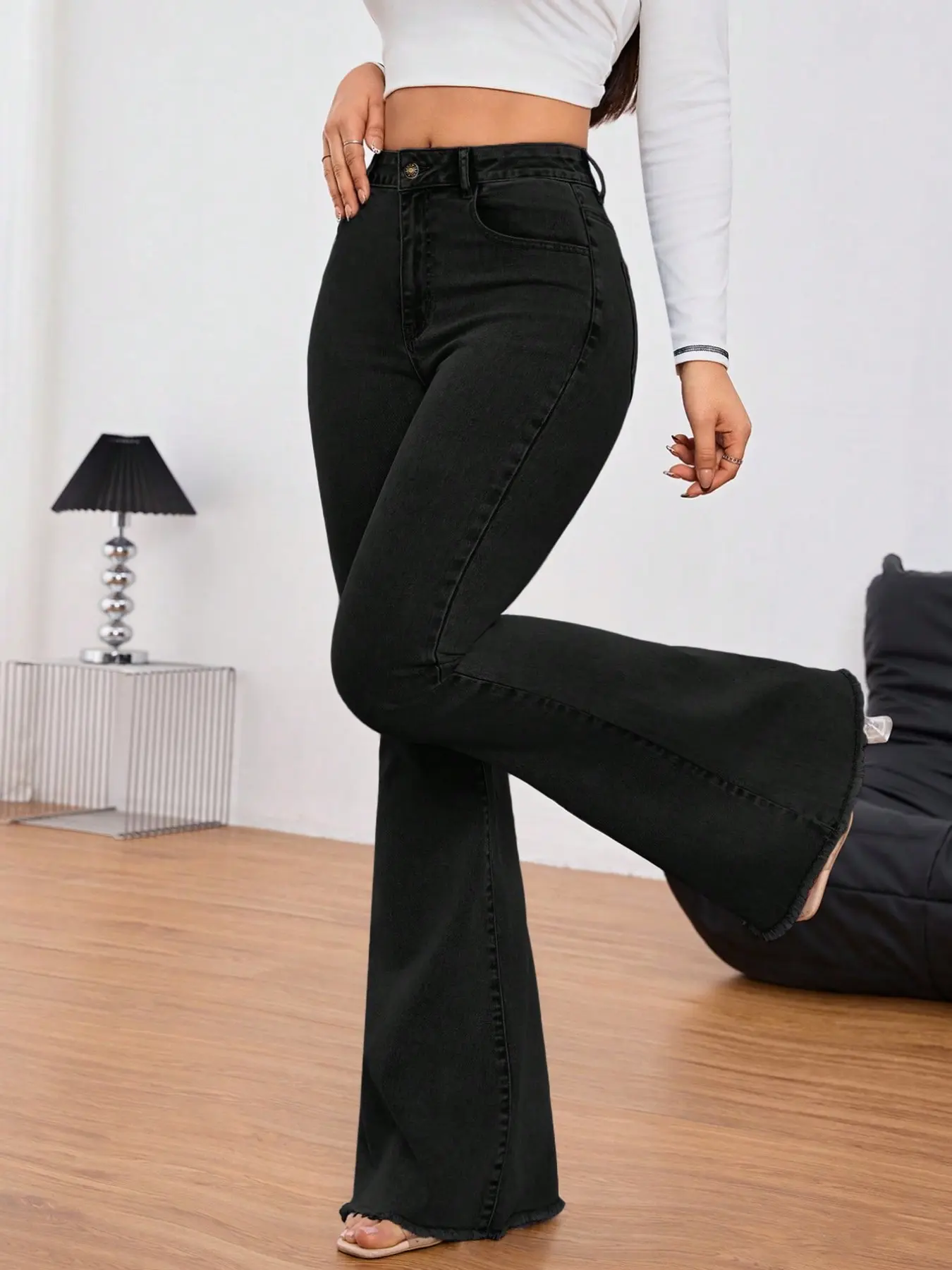 High-Waisted Long Jeans for Tall Individuals, Fit, Elastic Drop Hem Flare Pants, Bottom, Casual Commuter Wear, Versatile Two-In-One Style, Trouser