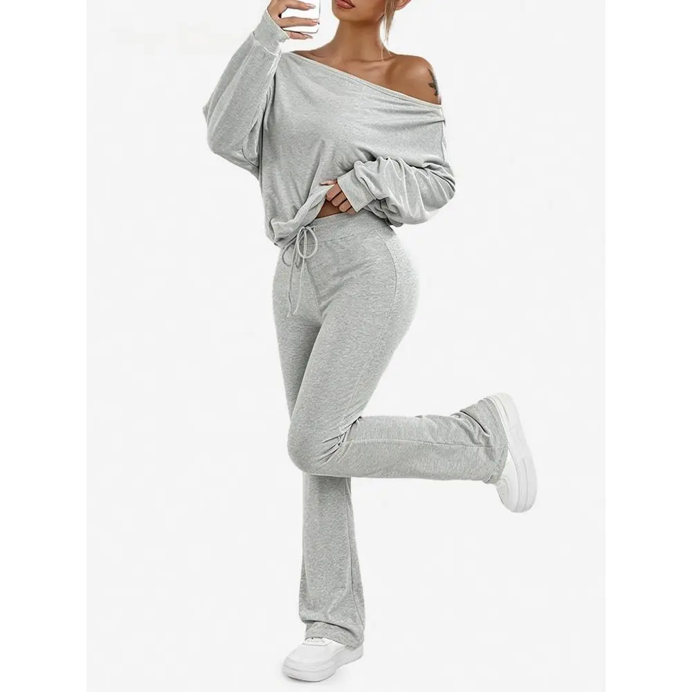 Women’s 2-Piece Basic Knitting Sports Loungewear Set - Off-Shoulder Crop Top, Adjustable Drawstring High-Waist Flared Pants, Soft Lightweight Comfortable Fabric, Matching Normal Type, Casual for Spring Fall Daily Relax Light Workout (Do Not Bleach), Plain
