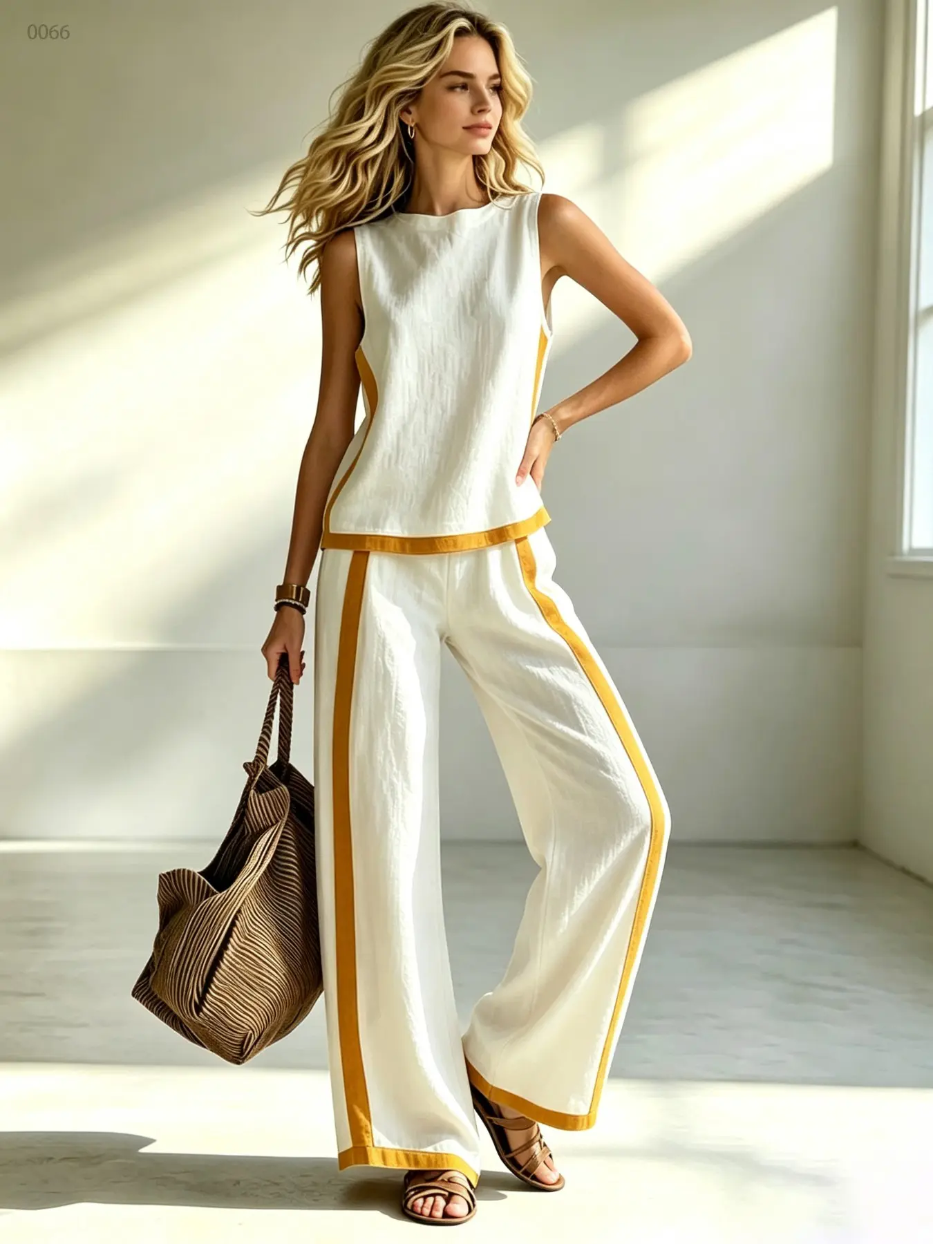 T0066 Women Summer Casual Loose Flowy Bohemian Two Piece Matching Outfit Patchwork Sleeveless Tank Top Soft Lightweight Wide Leg Pants Everyday Daily Suit
