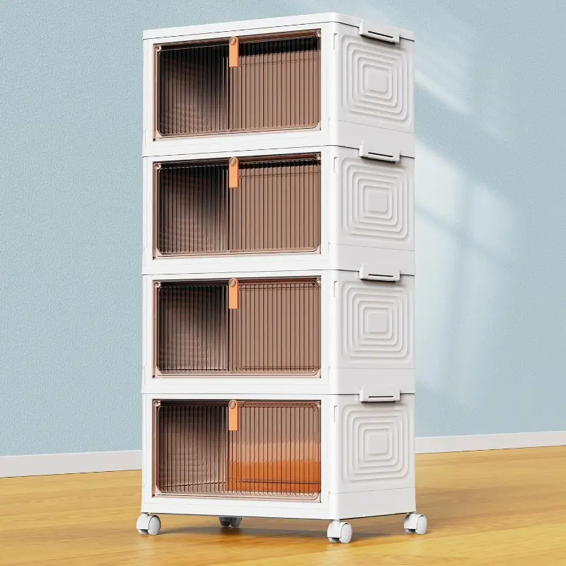 4-Tier Stackable Collapsible Plastic Storage Bins with Lids Rolling Closet Organizer for Home Office Dorm Room