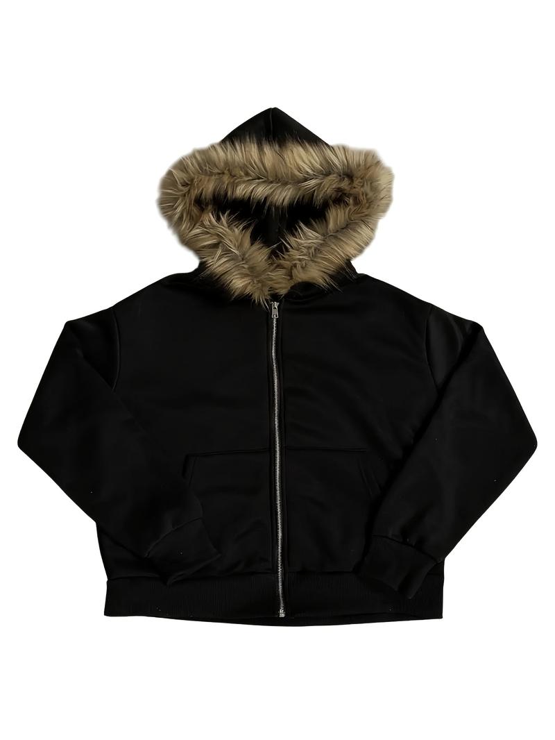 Y2K Retro Hoodie for Women - Gothic Streetwear Pullover with Faux Fur Trim, Oversized Casual Sweatshirt, Solid Color Black, All-Season Comfort, Zip-Up Design, Vintage Style, Comfortable Clothing