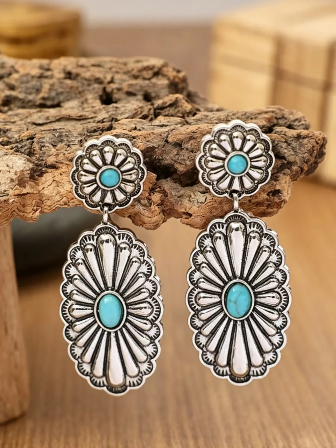 Bohemian Wave Fringe Oval Turquoise Earrings, Vintage Concho Stone Western Cowboy Ear Rings, Daily Vacation Versatile Jewelry
