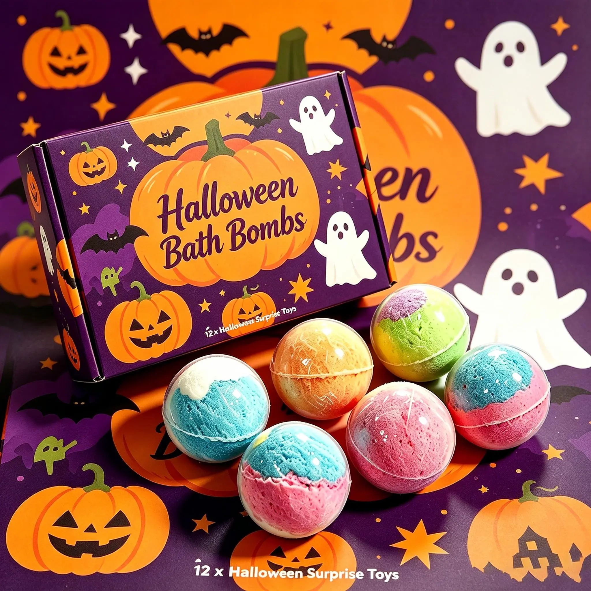 Mermaid/halloween Kids Bath Bombs 12-Pack Gift Set, Essential Oil Relaxing Moisturizing Bath Balls, Includes Surprise Toys, Fun Baby Bath Salt Dissolving Balls