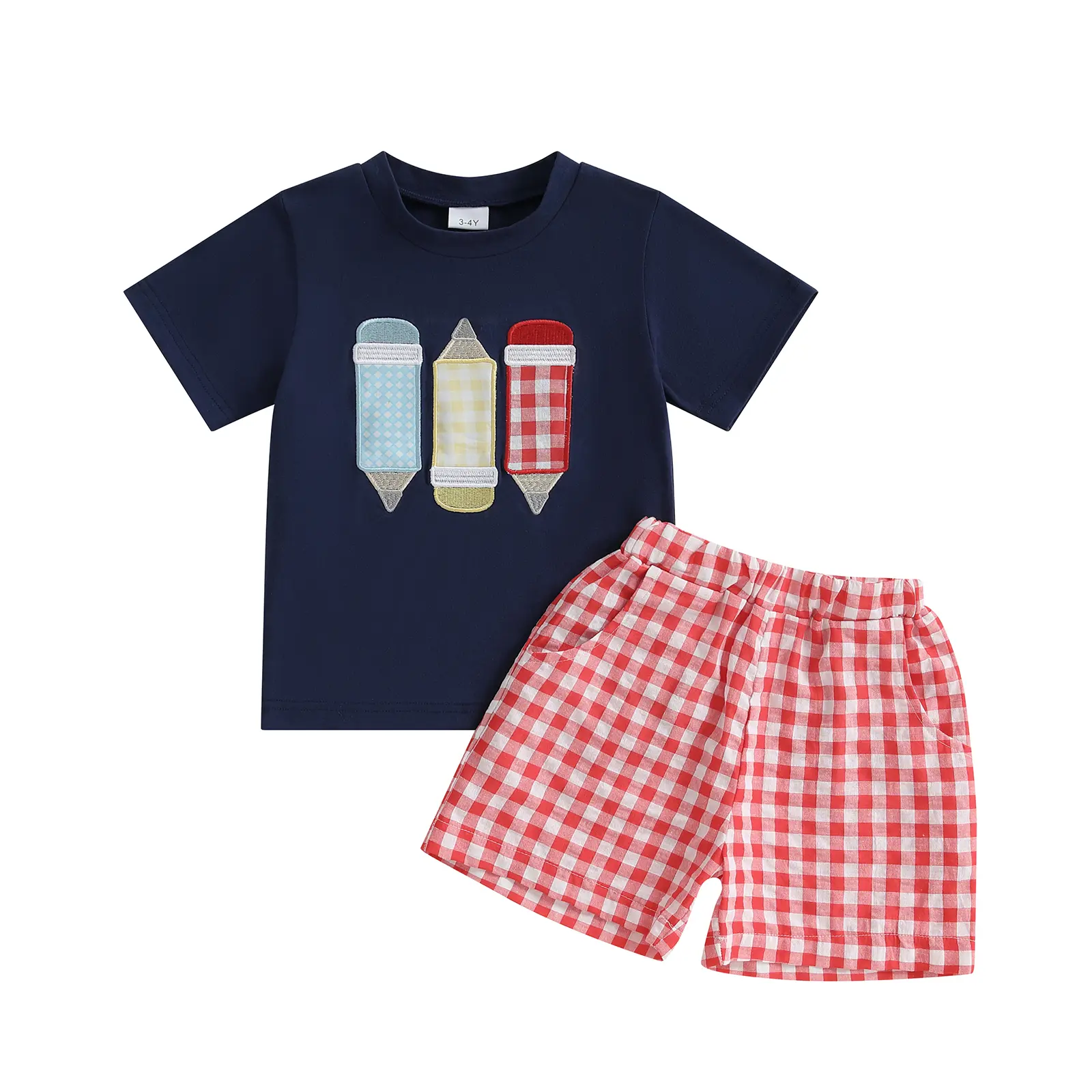 Casual Summer Short Set for Toddler Boy Girls Pencil Embroidery Short Sleeve T-Shirt and Plaid Shorts Clothes