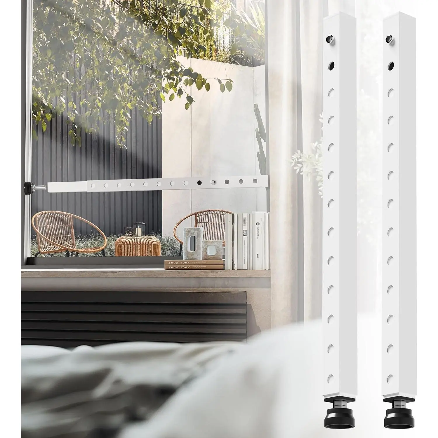 Window Security Bars Adjustable, Window Bars Security Inside Vertical, Heavy Window Ac Lock Bar with Rubber Feet for Up and Down Windows, 17-32 inch Double Hung Window Stopper -2 PCS Patented