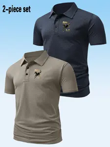 2-Pack Men's 2026 Horse Print Ice-Cool Plain Polo Shirts, Lightweight Smooth Fabric, Business Casual, Fashion Comfort Design, Daily Wear