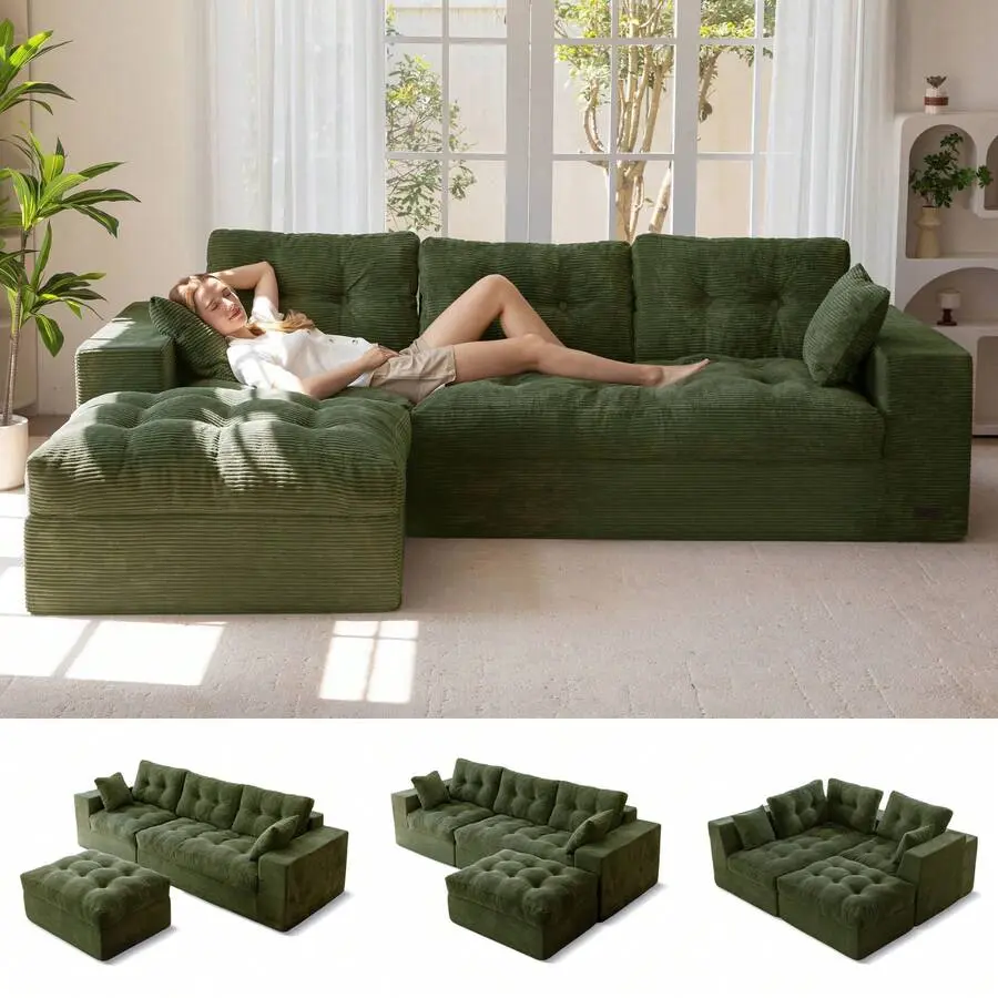 L-Shaped Modular Sofa With Convertible Left/Right Ottoman,Cloud-Textured Tufted Cushions,Four Combinations,Sofa In A Box,No Assembly Required