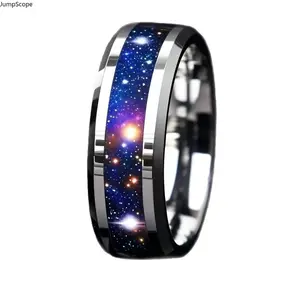 Beveled Edge Galaxy Nebula Inlaid Band Ring, Polished Stainless Steel Cosmic Starry Sky Comfort Fit Unisex Wedding & Daily Fashion Ring