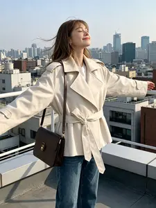 New Loose Fit Women's Solid Color Double Button Flip Collar Short Windbreaker, Butterfly Knot Waist Belt Long Sleeve Casual Coat