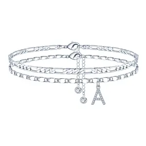 Personalized Initial Layered Anklet, Silver Figaro Chain Adjustable Ankle Bracelet for Women