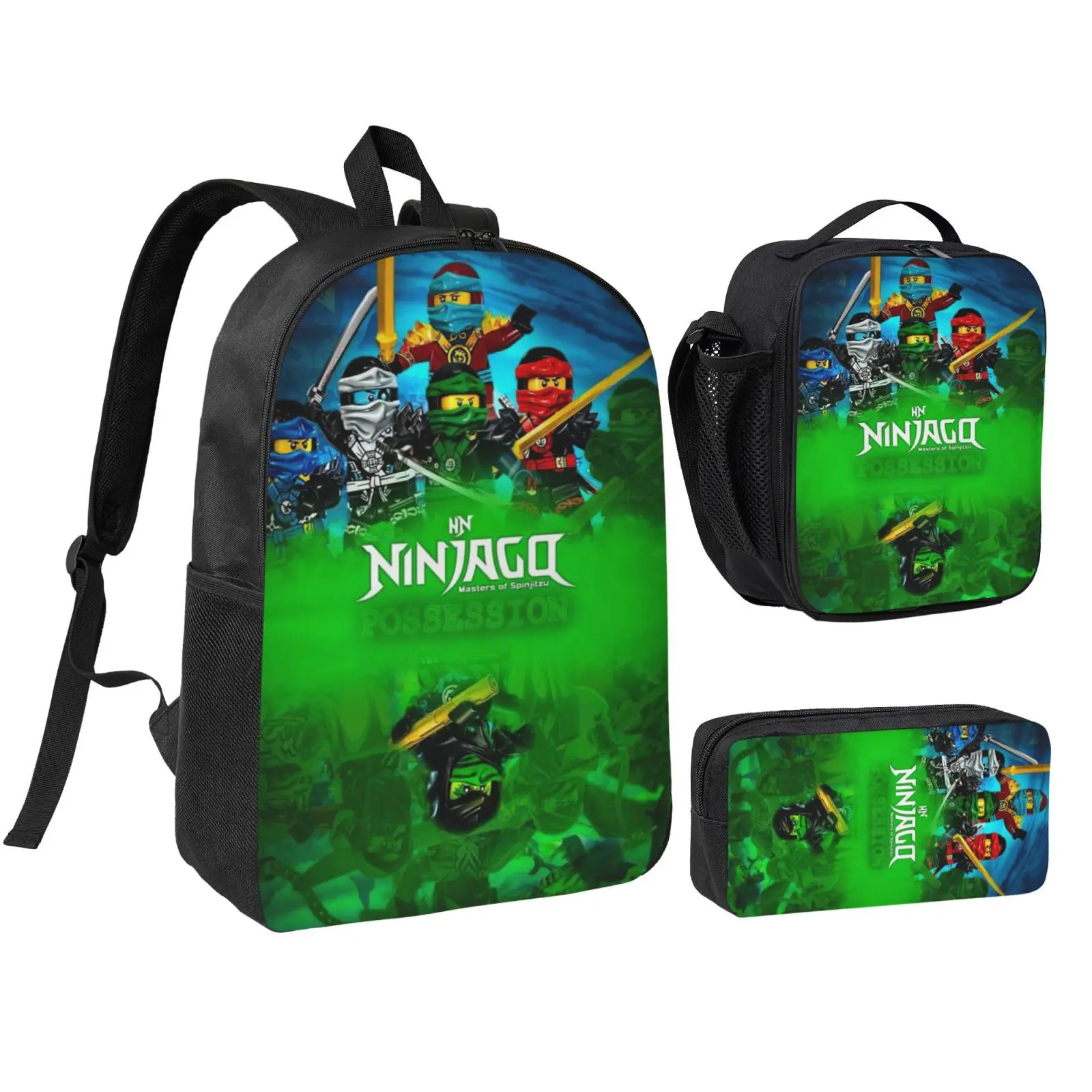 Anime Ninjago3 3Pcs School Backpack Set for Teens Boys Girls, Adjustable Strap Kids Bookbag with Insulated Lunch Bag & Pencil Case, Lightweight Travel Office Daypack