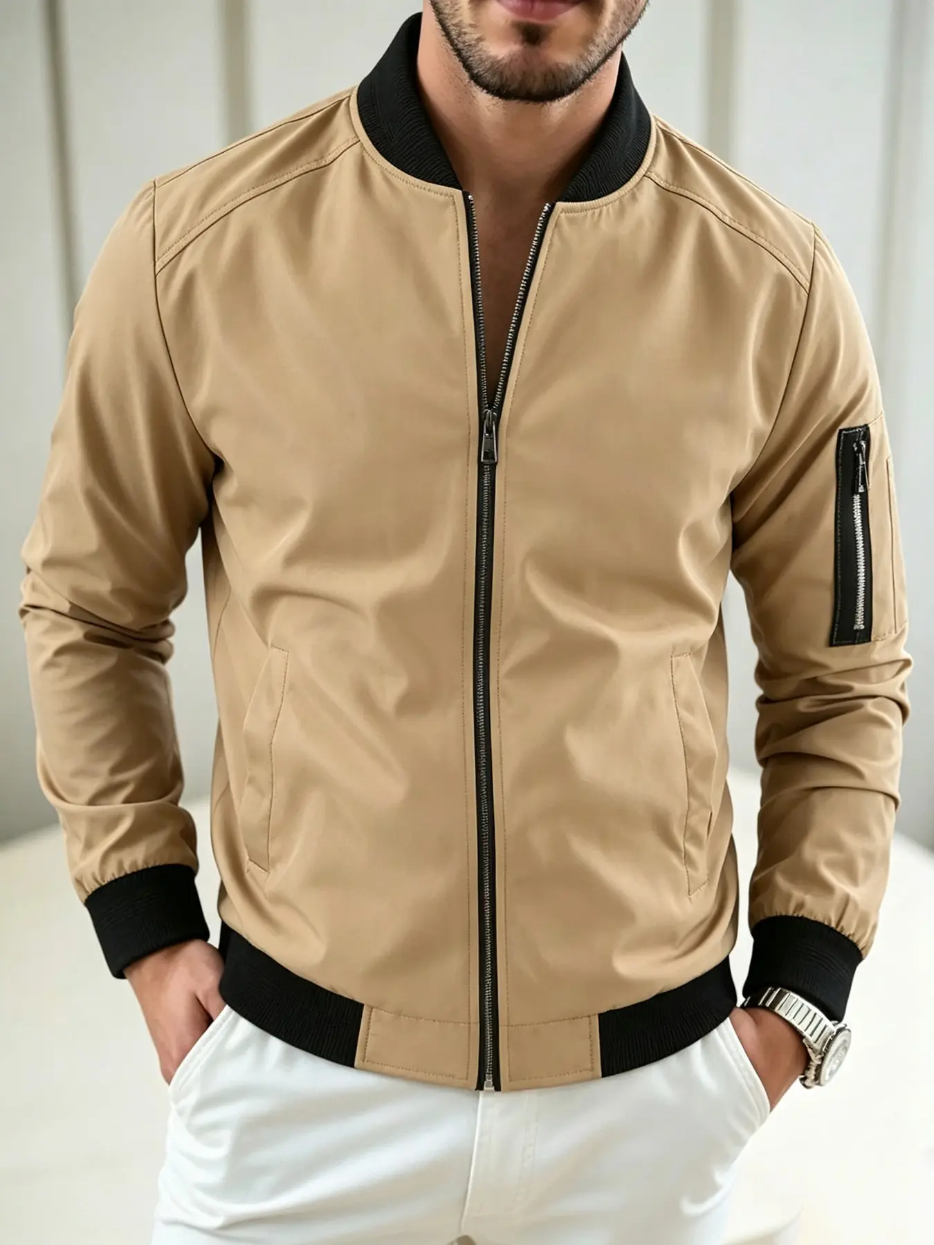 Men's Pilot Jacket, British Style Casual Baseball Collar Coat, American Vintage Lightweight Outdoor Commuter, Ideal for Camping, Hiking, Cycling