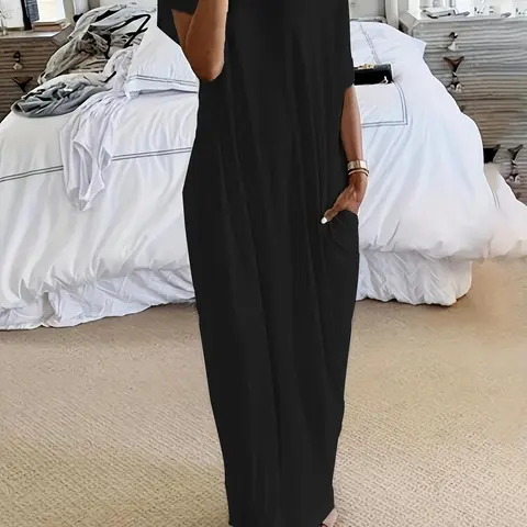 Women's Casual Leaf-Print Dress, Loose-Fitting Bat-Sleeve Nightgown, Comfortable All-Season Sleepwear, Home Wear with Pockets, Sleepwear Dresses