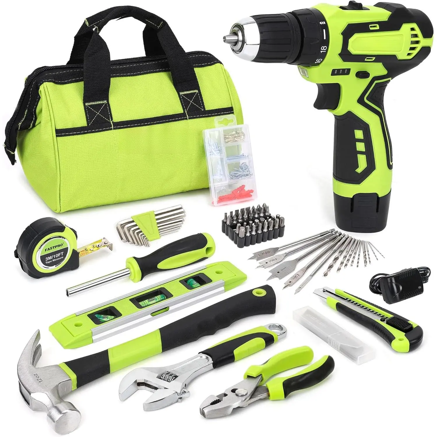 175-Piece 12V Cordless Drill Set, Drill Driver and Home Tool Kit, House Repairing Tool with 12-Inch Storage Bag, For DIY, Home Maintenance, Green