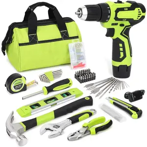 175-Piece 12V Cordless Drill Set, Drill Driver and Home Tool Kit, House Repairing Tool with 12-Inch Storage Bag, For DIY, Home Maintenance, Green