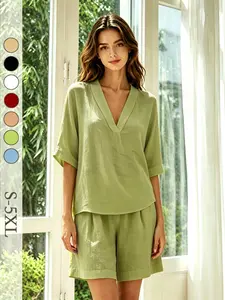 Spring Summer Women's Two-Piece Set, Sexy V-Neck Loose Short Sleeve T-Shirt, Wide Leg Shorts, Beach and Vacation Fashion Loungewear