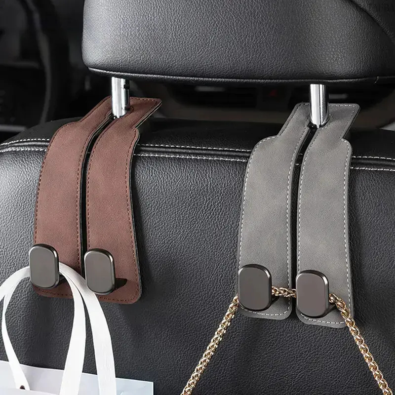 Car Headrest Hooks in PU Leather Fabric - Sturdy Backseat Organizer with a Universal Fit for Handbags & Daily Travel Accessories