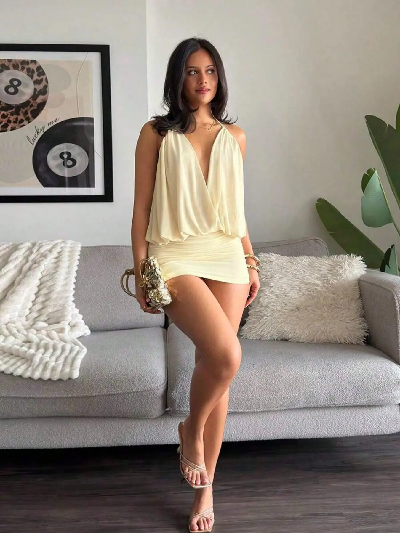 Y2K Pure Desire Halter Neck Adjustable Mini Dress, Deep V Backless Draped Bodycon Short Dress, Sexy Slimming Mini Dress for Party and Date