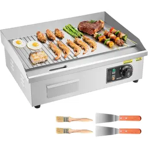 VEVOR Commercial Electric Griddle, 13.98x 11.81 inch, 1750W, 122 - 570F Adjustable Temp Control, Stainless Steel Countertop Flat Top Grill with 2 Spatulas and 2 Brushes, for Steak, Pancake, Squid