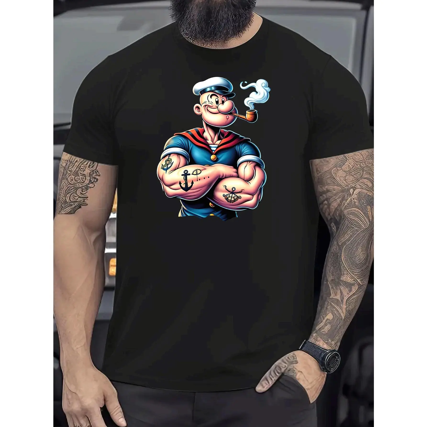 Men's Popeye Graphic Print T-shirt, Casual Short Sleeve Crew Neck Top in Slight Stretch Polyester Knit Fabric, Shortsleeve, Menswear, Round Neck, Tshirt, Elastane, Positioned Print