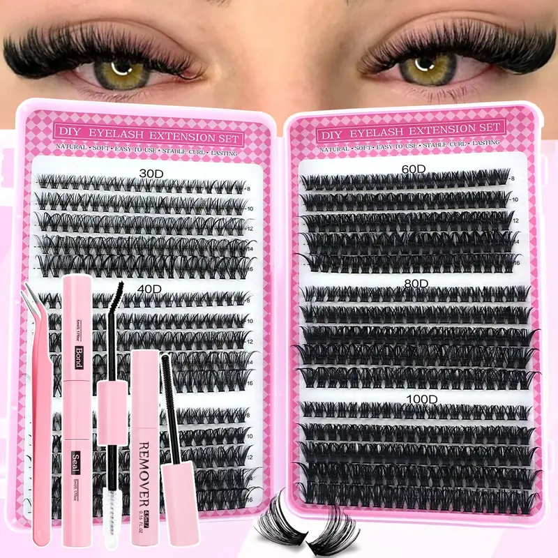 600pcs Eyelash Extension Kit with Glue, Tweezers, Remover Cream, D Curl Mixed 8-16mm, Large Capacity, Home Use, Beginner Friendly, DIY Lash Set, DIY Eyelashes Kit Eyelash Extensions