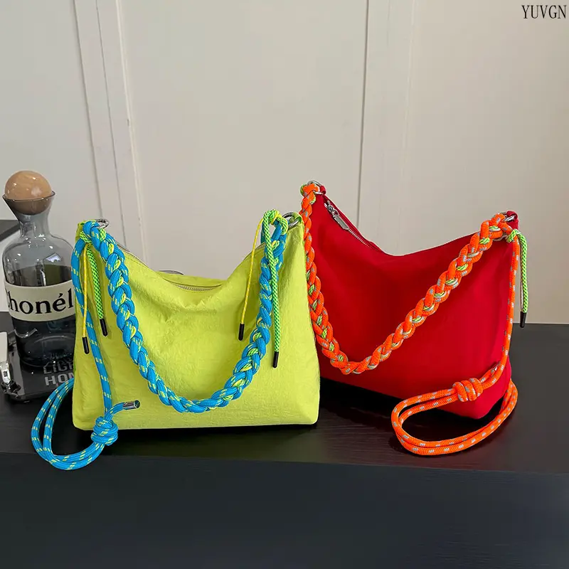 Neon Colorblock Crossbody Bag for Women, High-Capacity Lightweight Nylon Hobo Tote with Trendy Braided Rope Strap for Gym & Shopping, Crossbody Bags For Women, Bags For Women tiktokshopbacktoschool