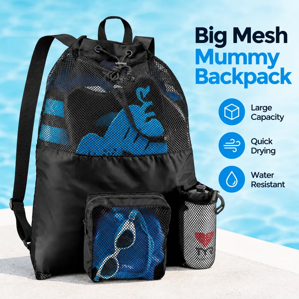 TYR Big Mesh Mummy Backpack, Black, 40L Polyester Swim Gear Bag with Ventilated Mesh, Bottle Holder, Utility Pocket, and Drawstring Closure