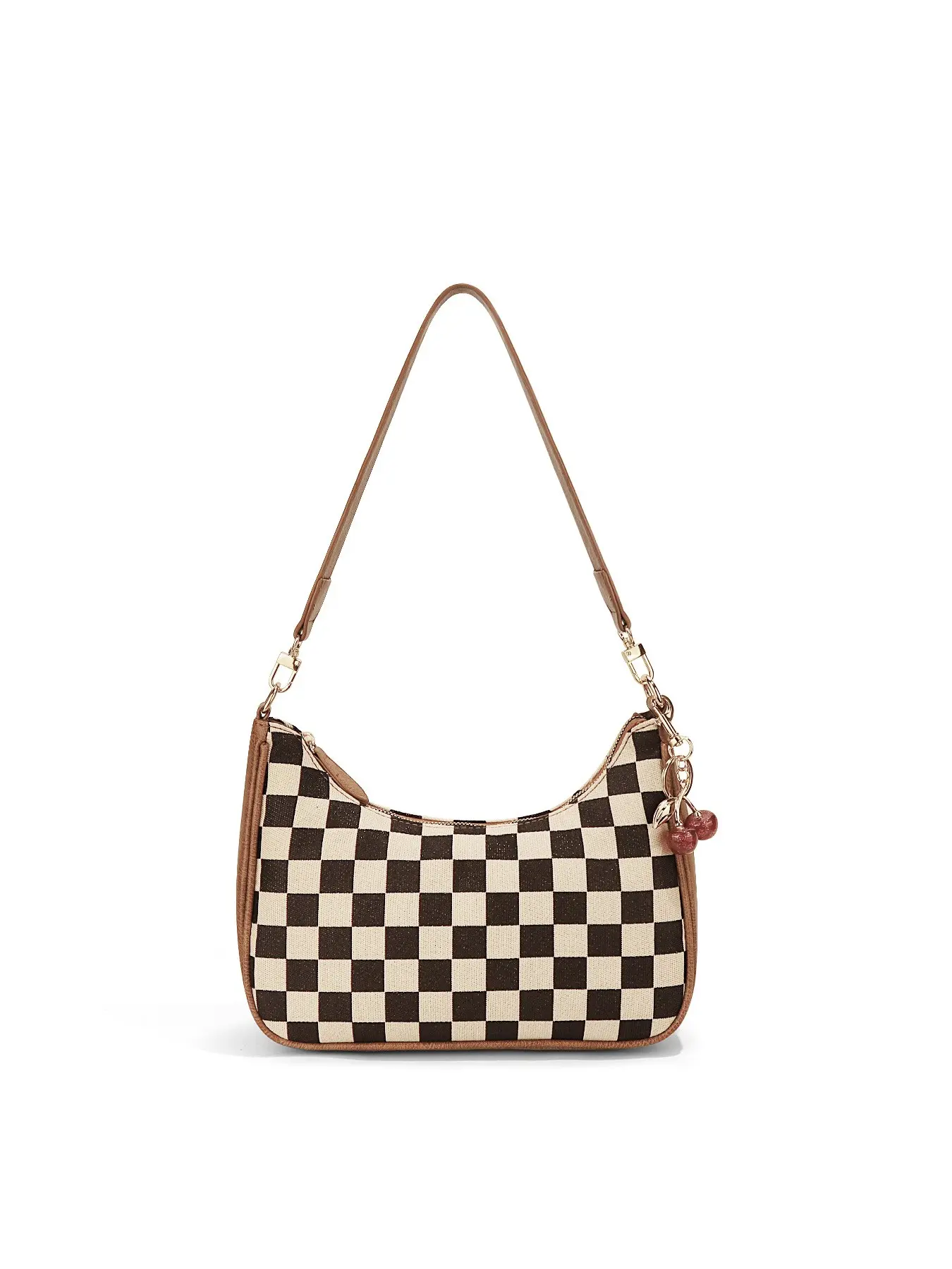 Women's Checkerboard Crossbody Bag, Fashionable Casual All-Season Cherry Charm Shoulder Bag, Versatile Single Strap Design, Checkerboard Purse, Checkerboard Pattern Bag