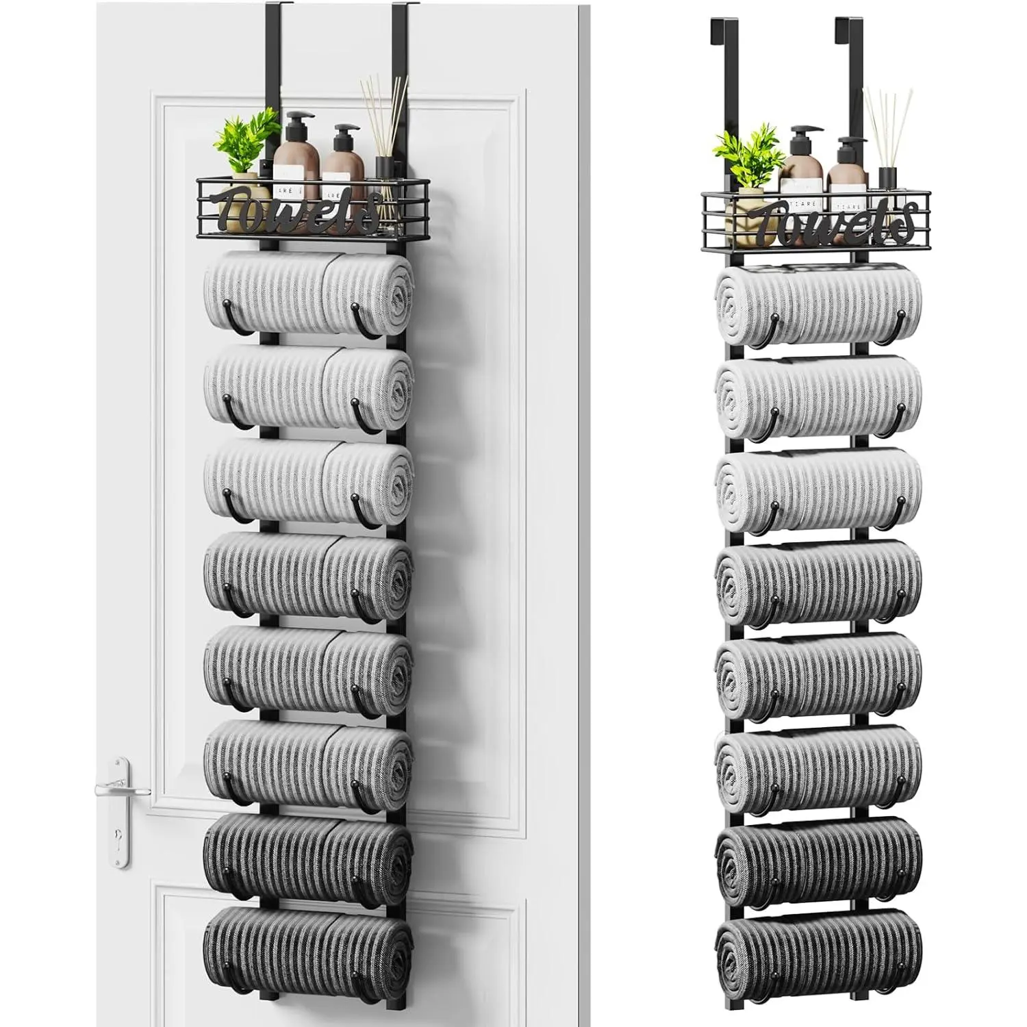 Hanging Towel Racks for Bathroom - 9 Tier Over the Door & Wall Mounted Bath Rolled Towel Storage Organizer Holder for Small Bathroom, RV, Camper, Black (Patented)