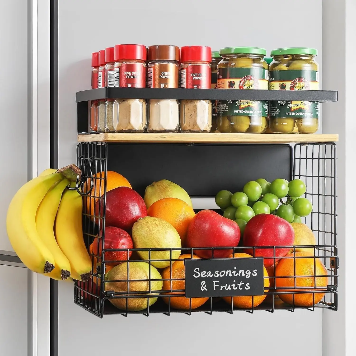 1 SET Strong Magnetic Shelf Basket for Fridge with Tag & Bamboo Top, XXL Large Magnetic Spice Rack Shelves for Side of Refrigerator, Kitchen Pantry Storage Organizer for Food Fruit Veg