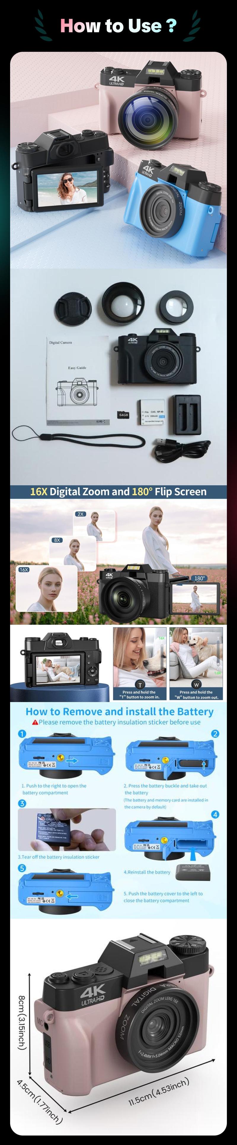 GLOBAL PICK 4K Digital Camera with 180° Flip Screen, 16X Digital Zoom Vlogging Camera, Autofocus Camera, Including Wide Angle & Macro Lens, 32GB TF Card, Ideal Gift Choice, Photographic Kit