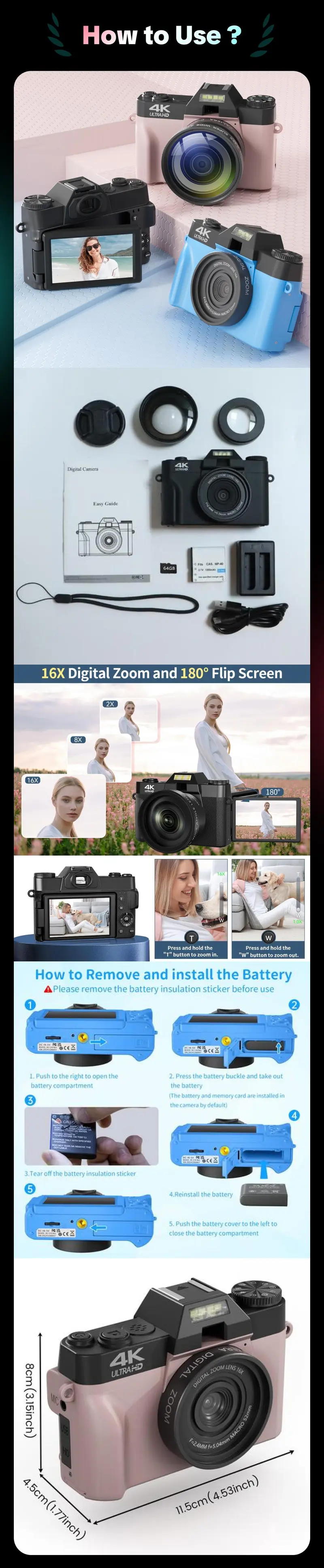 Product Introduction of GLOBAL PICK 4K Digital Camera with 180° Flip Screen, 16X Digital Zoom Vlogging Camera, Autofocus Camera, Including Wide Angle & Macro Lens, 32GB TF Card, Ideal Gift Choice, Photographic Kit 4