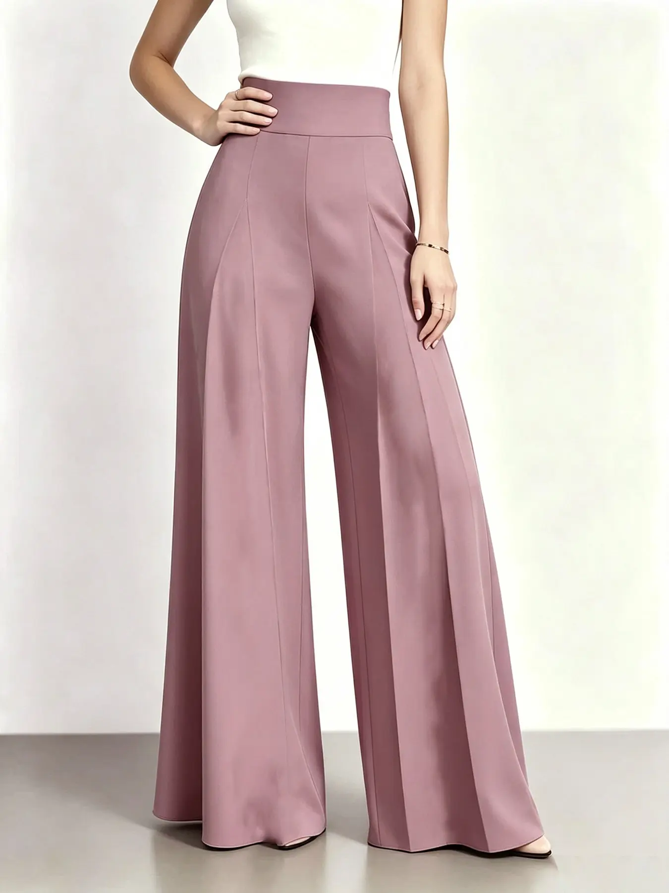 Women's Summer New Cool Breathable Solid Color Zip Pocket Wide Leg Trousers, Casual High Waist Long Pants, Multifunctional Office Wear, High Waisted Pants
