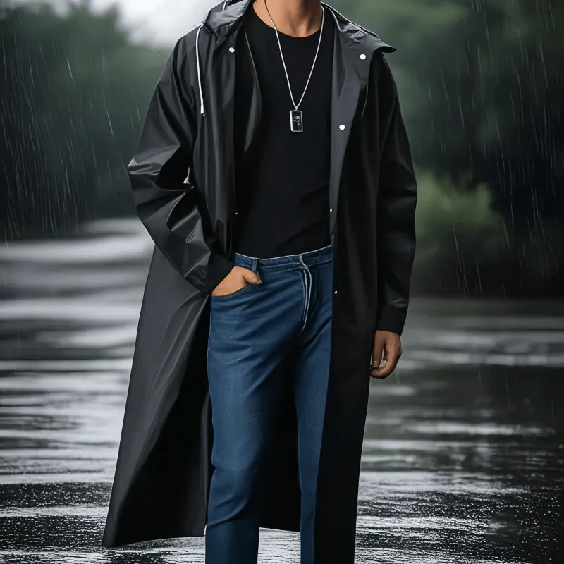 Unisex Thick Heavy-Duty EVA Hooded Full-Body 1-Piece Waterproof Rain Jacket - Adult Long-Sleeve Windbreaker with Adjustable Drawstring, Front Snap Design, Portable for Camping, Hiking