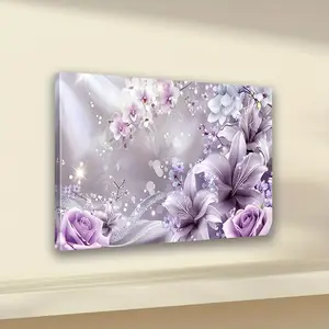Framed, 1pc modern abstract print wall art, purple lily and rose canvas painting, suitable for living room, large size canvas poster, used for corridor and bedroom decoration