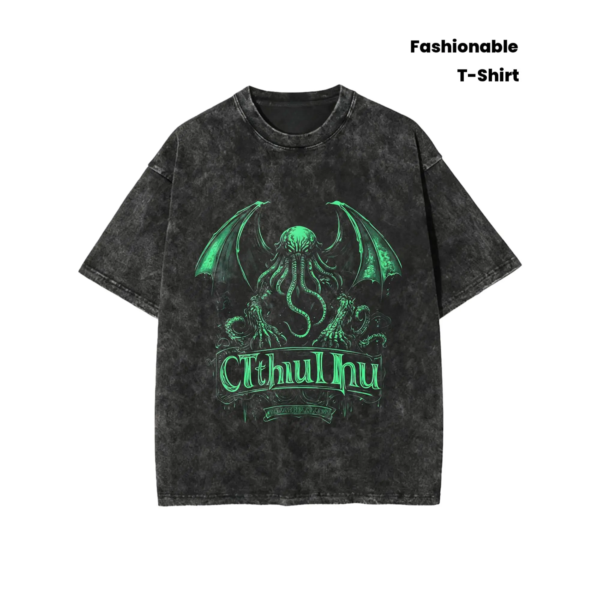 Vintage Washed T-Shirt For Men Short Sleeve Green Winged Cthulhu Horror Monster Print Crew Neck Knit Casual Regular Fit Pullover Tees Dark Gothic Lovecraft Streetwear Tops Spring Summer Fall Soft Machine Wash Mens Graphic Tee