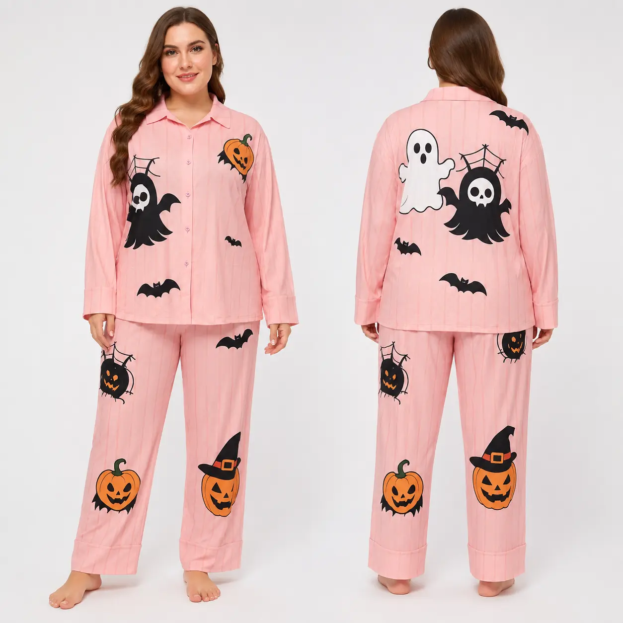 Women's Plus Size 2-Piece Polyester Halloween Pajama Set, Pink Vertical Stripe, Ghost-Pumpkin-Bat Print, Notch Collar Button Long Sleeve Top & Pants, Spooky Holiday Loungewear Sleepwear