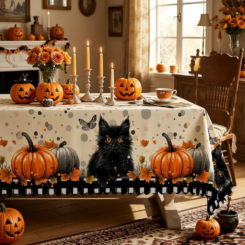 Halloween Black Cat & Jack O' Lantern Pumpkin Printed Polyester Tablecloth - Multi-Size Oval/Round, Machine Washable, Dining Room/Kitchen Party Decoration, Clearance Sale, Printed Cloth