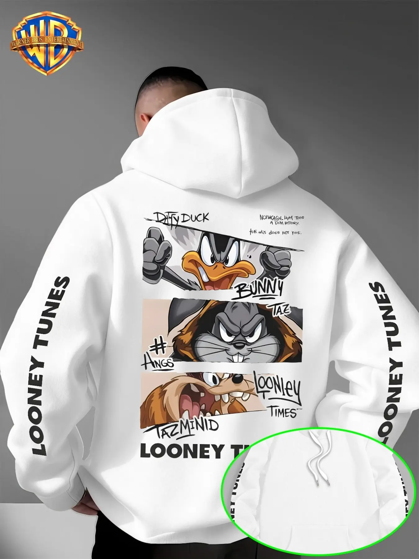 Warner Bros Men's Looney Tunes Hoodie, Casual Street Art Cartoon Print, Loose-Fitting Pullover, All over Print, Plain Surface