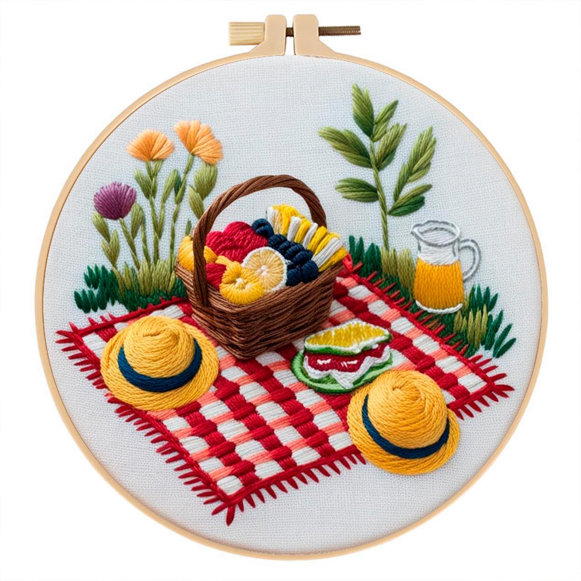 Christmas Flower Picnic Embroidery Kit – DIY Holiday Stitching with English Guide for Beginners