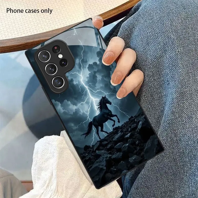 Phone Case: Black Phone Case with Black Horse Pattern, New Minimalist Business Men's Tempered Glass Case for Galaxy S26 S25 S24 S23 S22Pro S21 S20 Fe Plus Ultra Pro A56 A55 A54 A53 A52 A51 A36 A35 A34 A32 A26 A25 A24 A23 A16 A15 A14 A06 A05 A03s