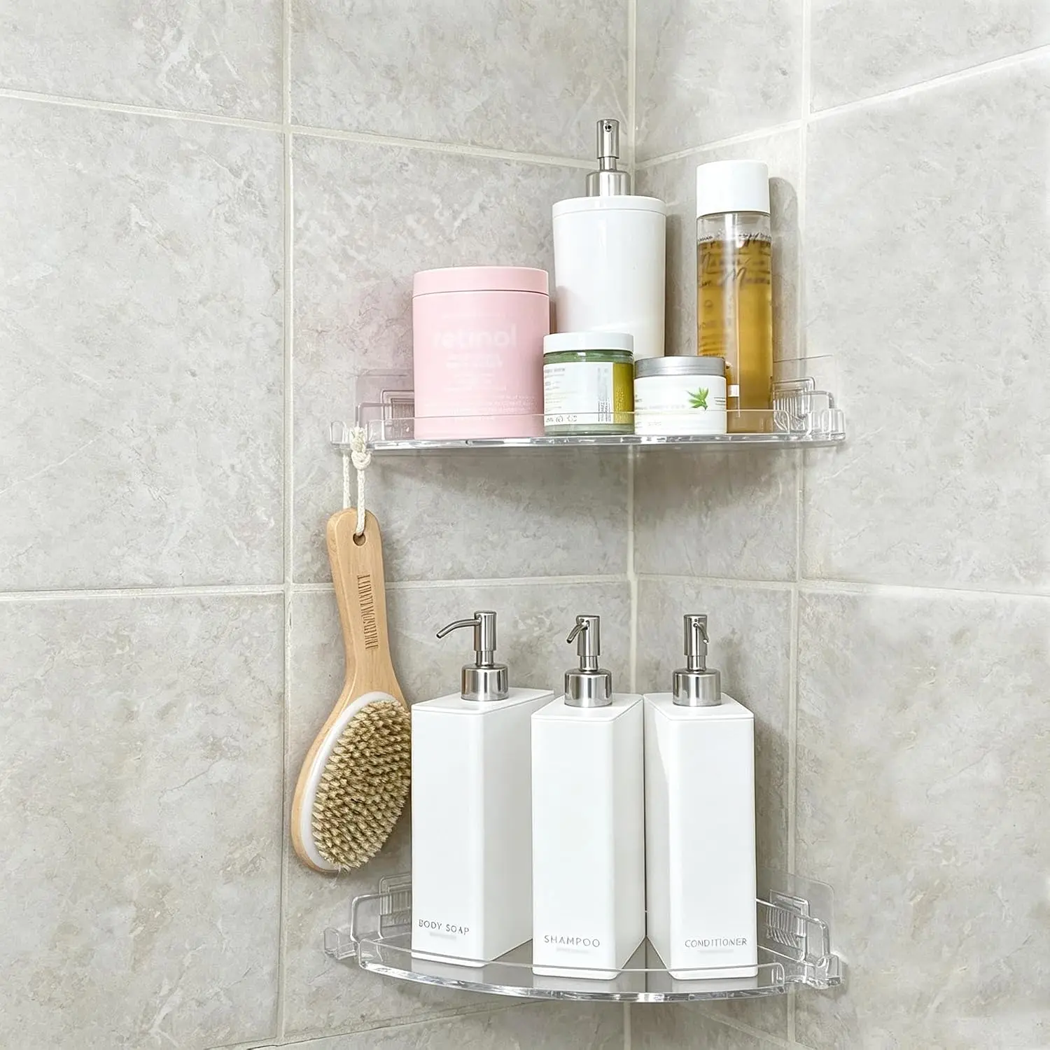 Adhesive  Corner Shower  2 Pack, Rustproof Bath Shelf | Thick clear , rustproof &  resistant. No-drill adhesive mount for corner. For shower, kitchen or bathroom