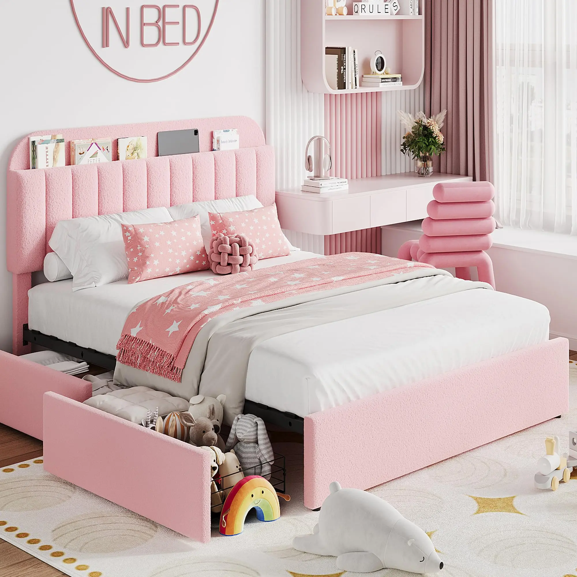 Queen Size Boucle Upholstered Bed Frame with Storage Drawers & Bookcase Headboard, Pink Sherpa Platform Bed with Wood Slats & Metal Support, No Box Spring Needed